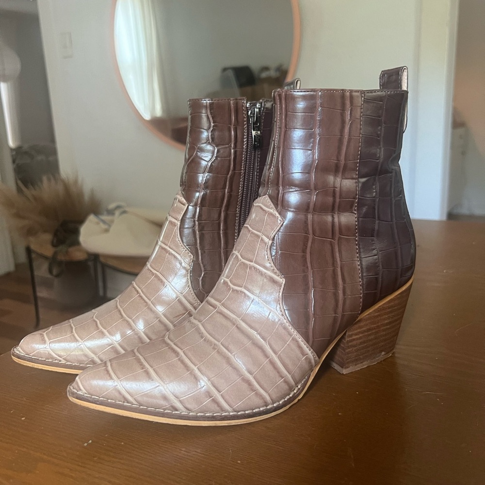 Tri color cowgirl ankle boots